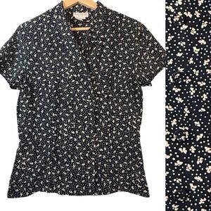 VTG 100% Silk Quiet Luxury DoubleBreasted Womens Blouse SIZE 4 Navy Blue S/S Dot